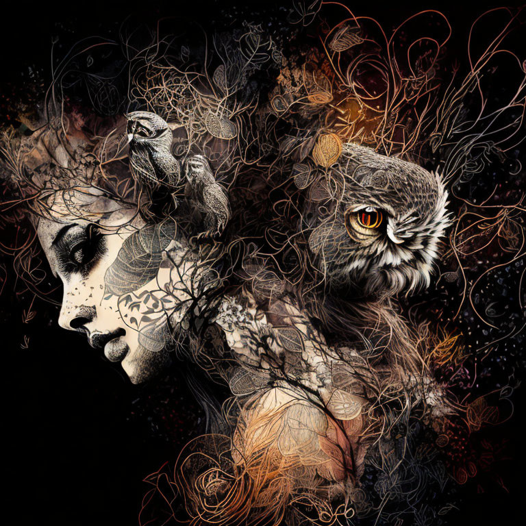 Woman's profile fused with owl in intricate design, dark color palette