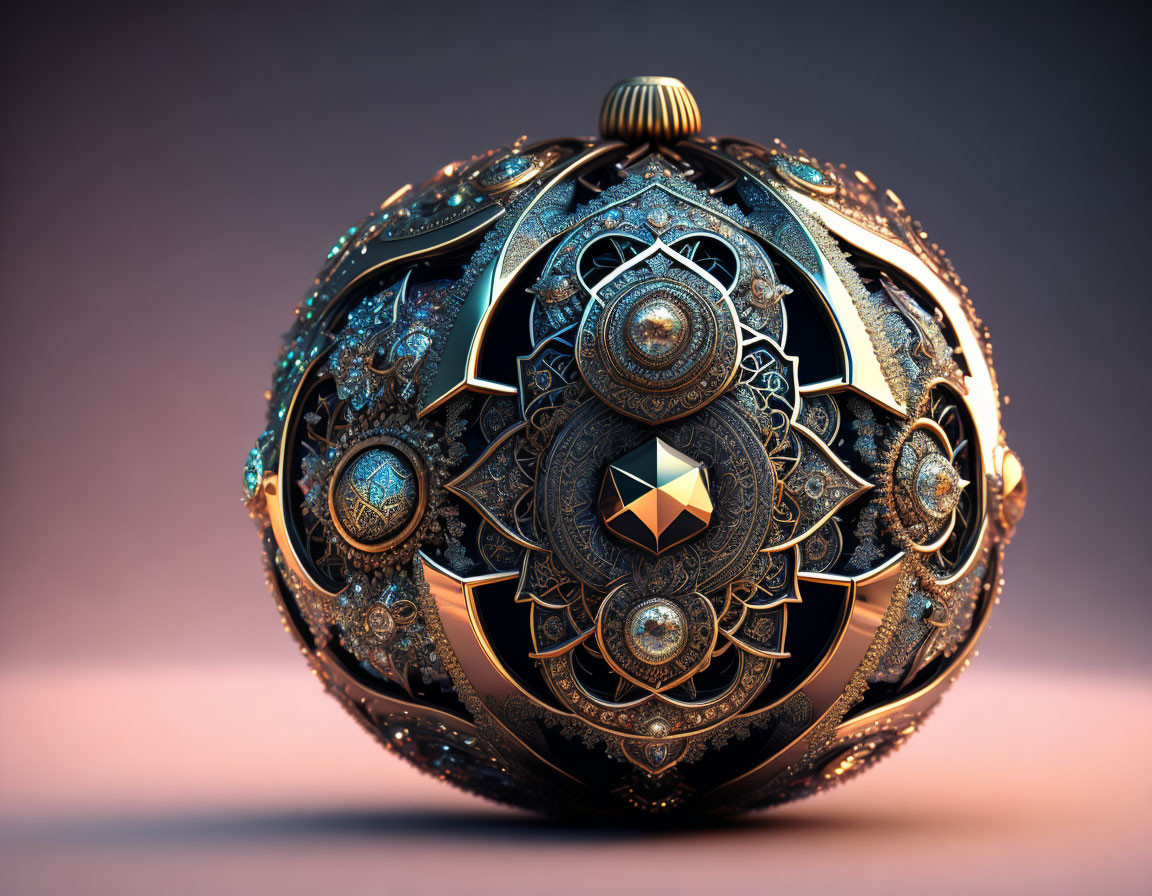 Ornate spherical object with gold and black patterns, blue gemstones, and amber-hued crystal