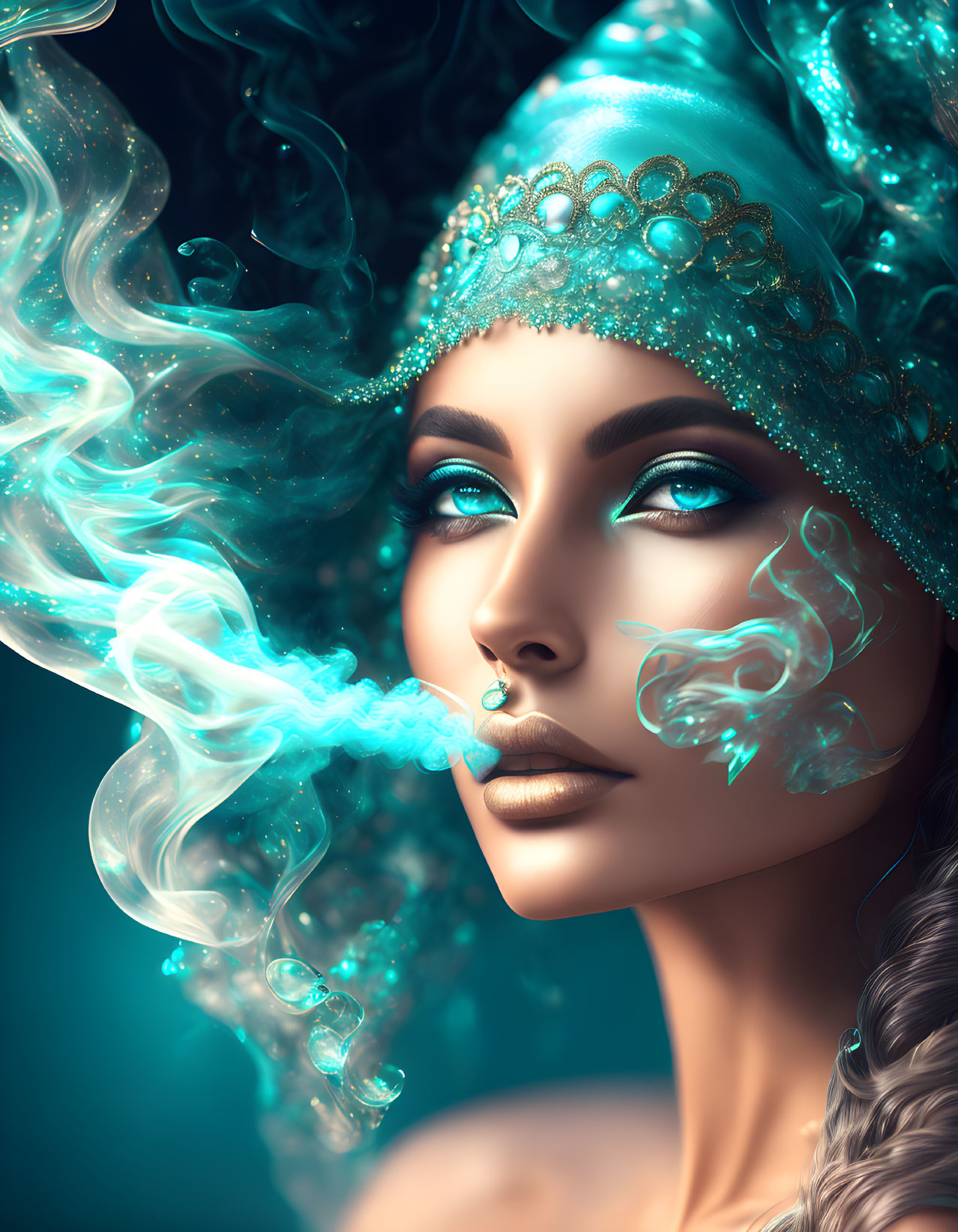 Mystical woman with turquoise headpiece and wavy hair in smoke swirls