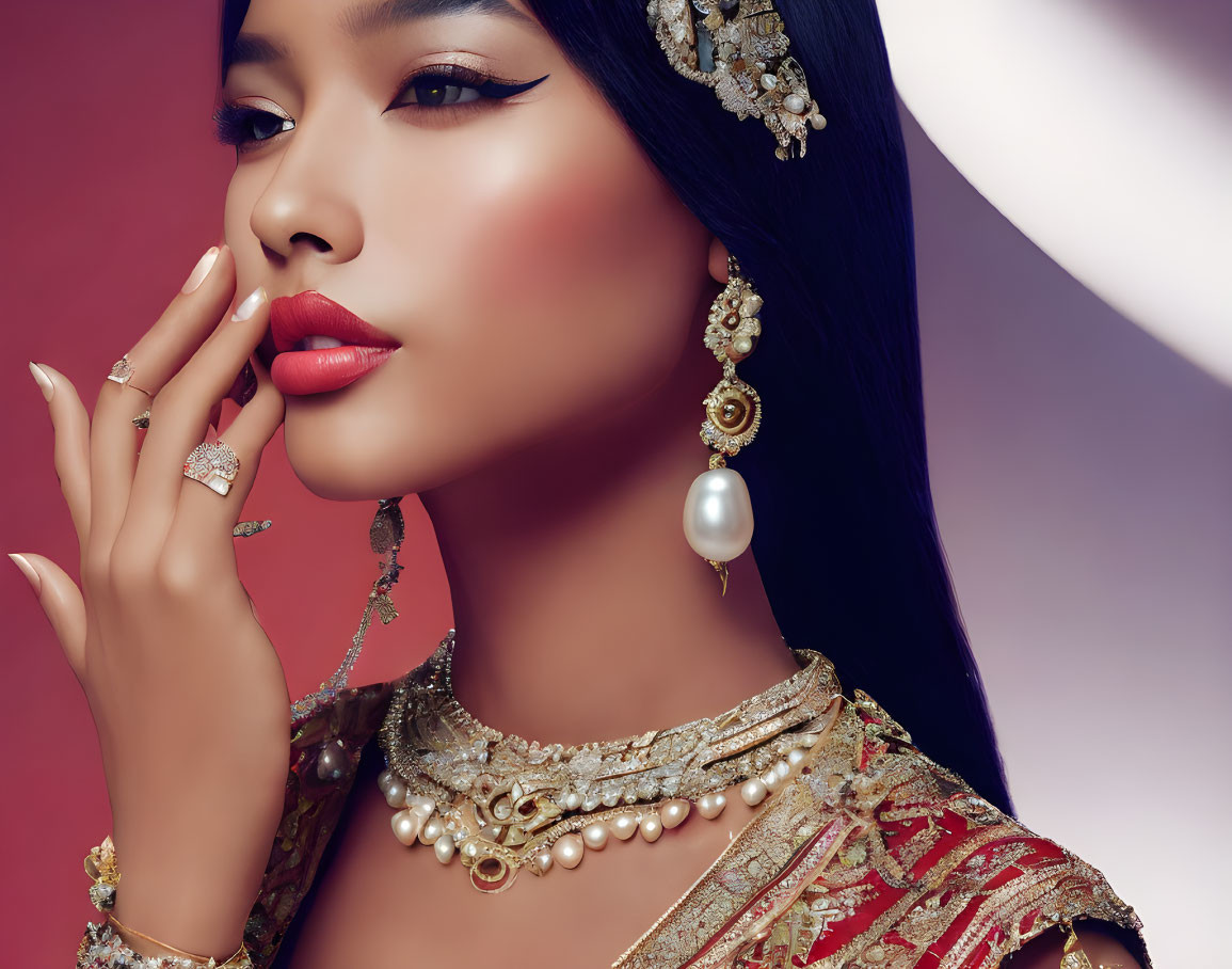 Elegant woman with striking makeup and pearl jewelry pose gracefully