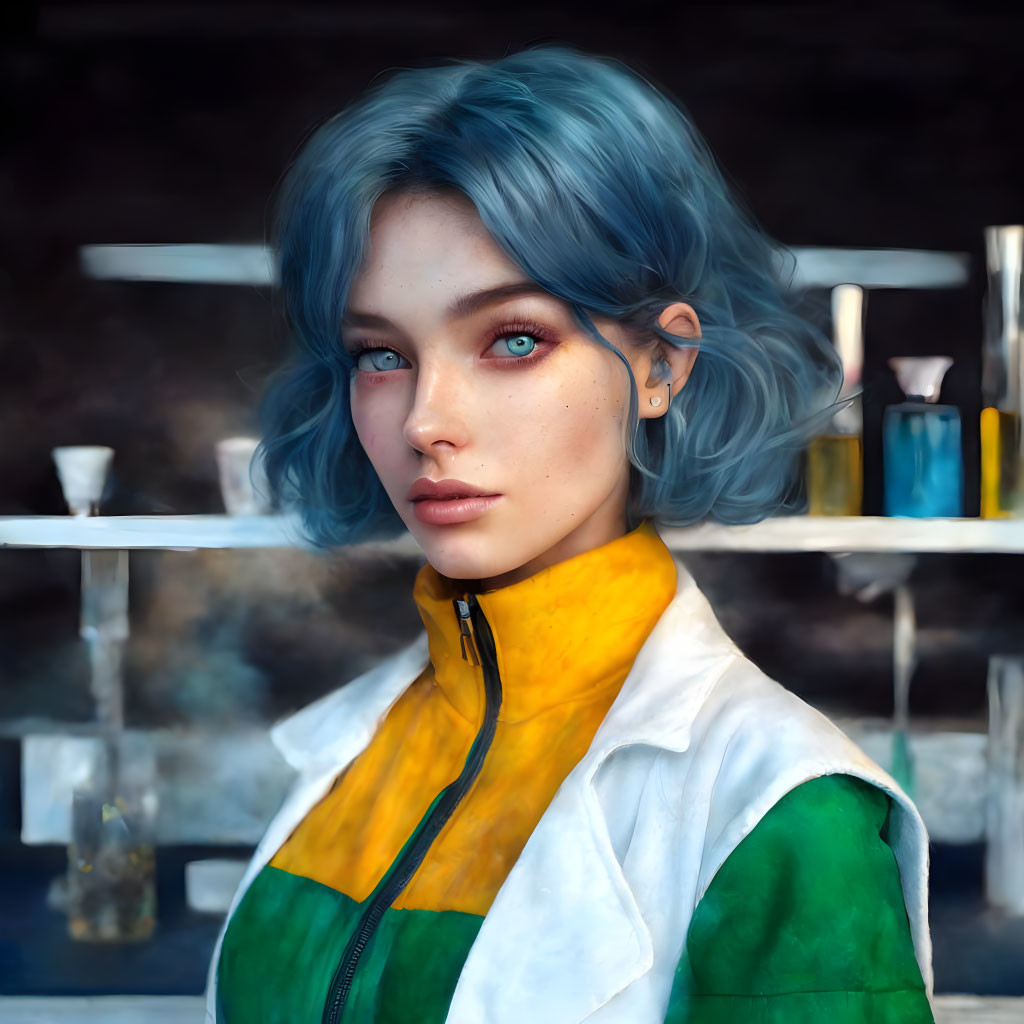 Woman with Blue Hair and Green Eyes in Yellow Jacket Against Laboratory Backdrop