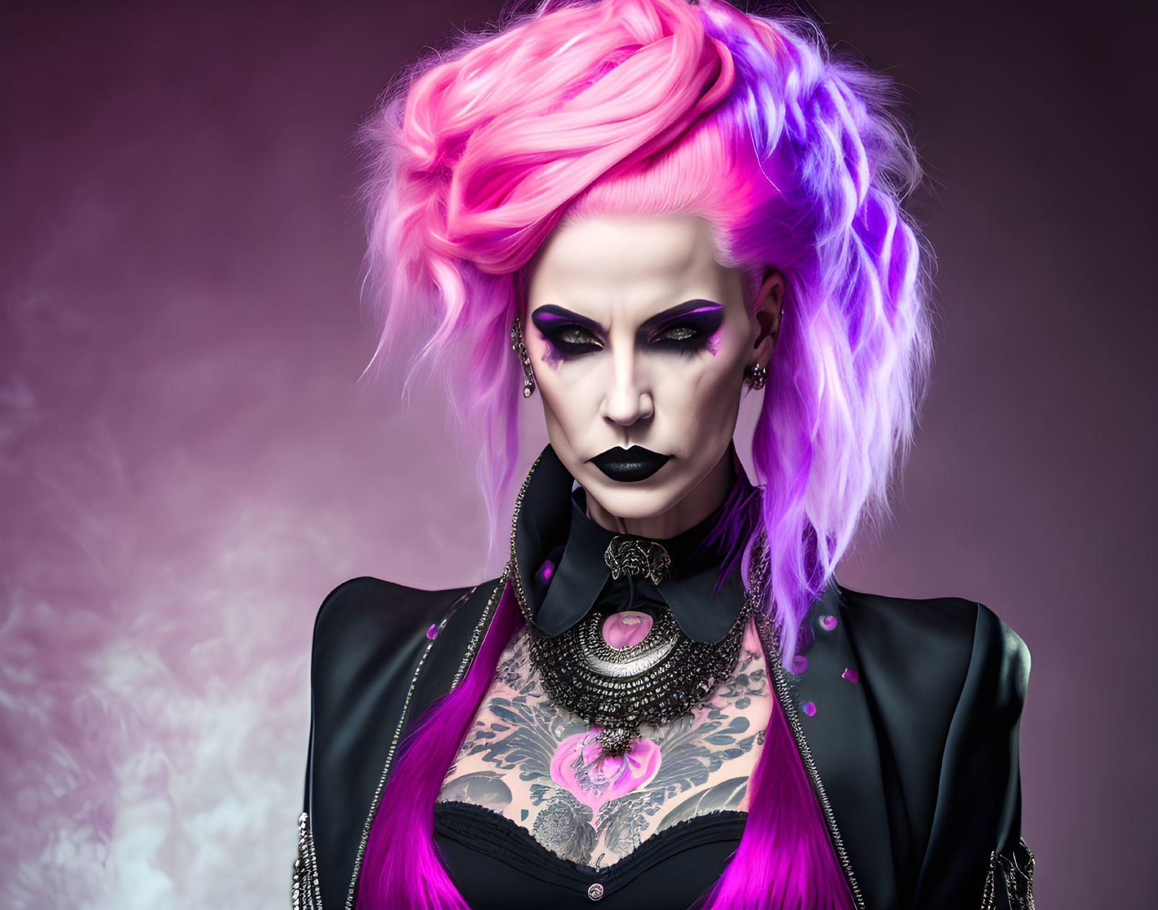 Vibrant pink and purple hair, dramatic makeup, tattooed chest, punk aesthetic in black outfit