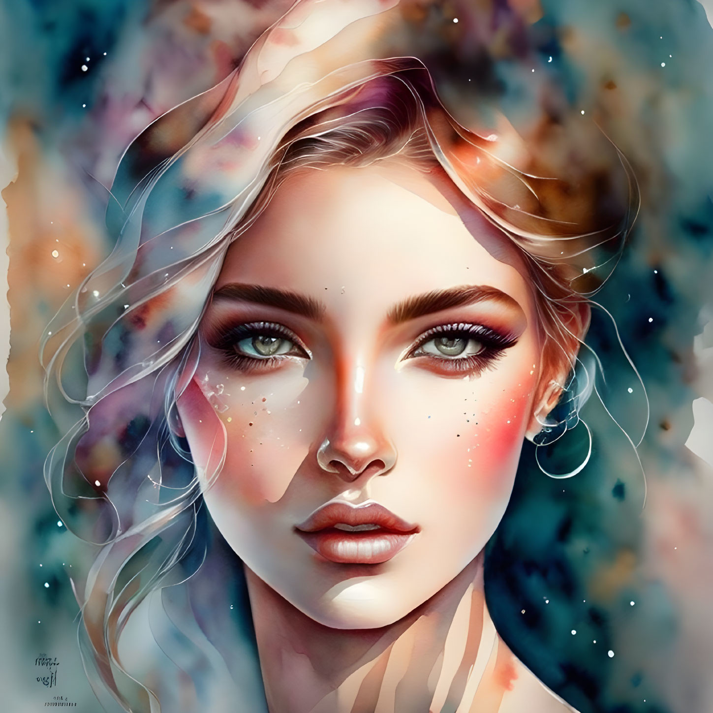 Ethereal portrait of a woman with flowing hair and cosmic elements