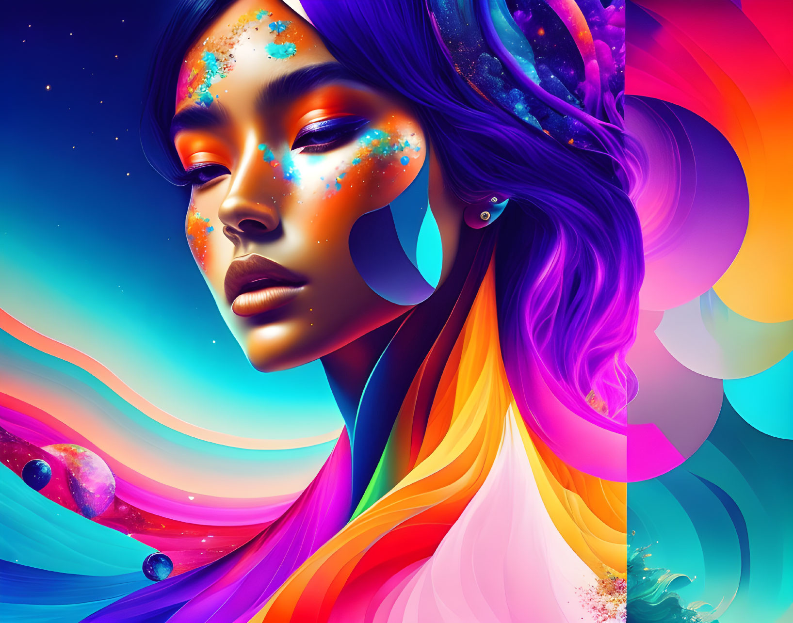 Colorful digital art of woman with cosmic makeup and vibrant hair against abstract backdrop