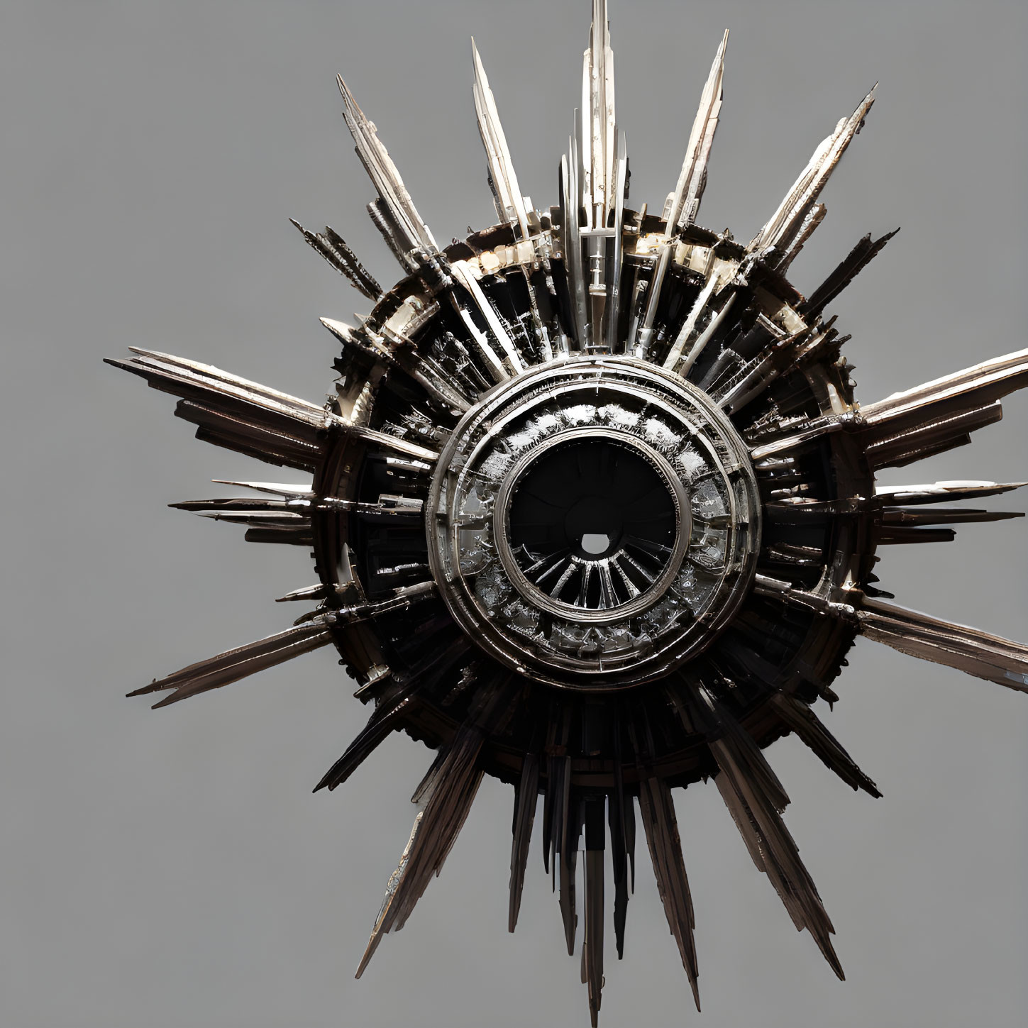 Metallic spherical sculpture with sharp spires on gray background