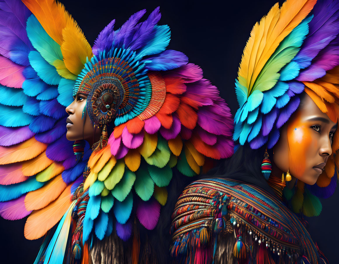 Vibrant individuals in multicolored feathered headdresses and tribal makeup.