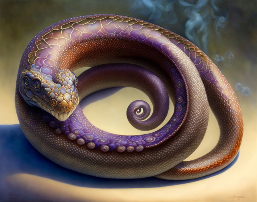 Gradient Purple-Brown Snake with Swirling Eyes and Smoke on Warm Background