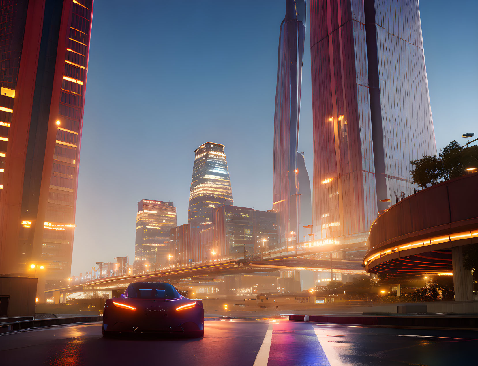 City street at dusk with car, skyscrapers, and hazy skyline.