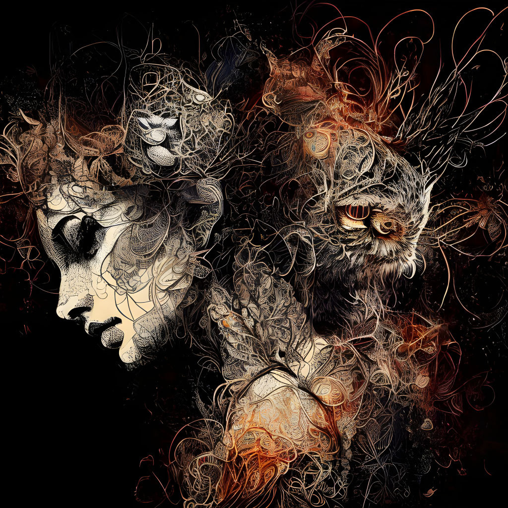 Detailed digital artwork: Human and owl faces intertwined in autumnal colors