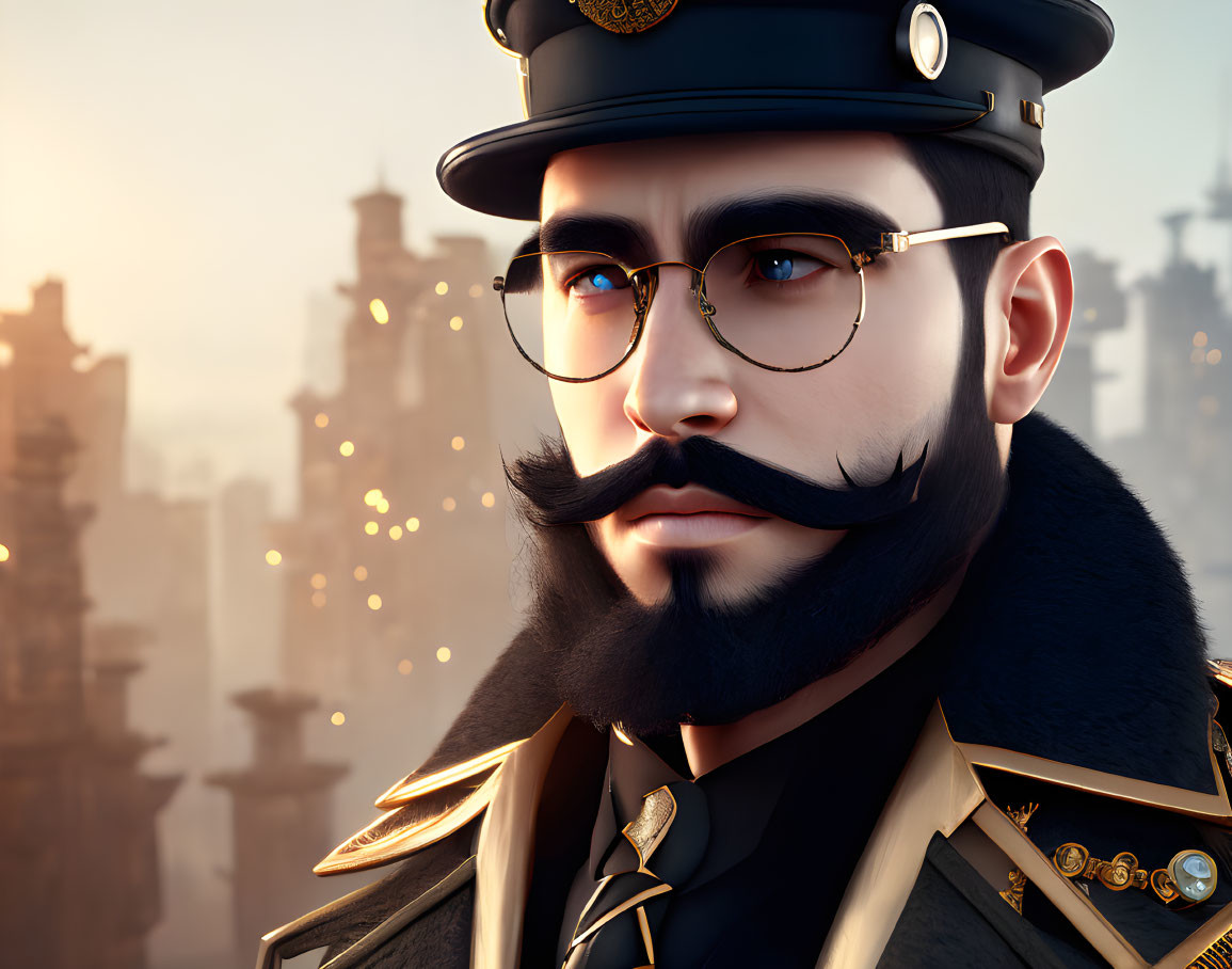 Man with Large Mustache in Military Uniform and Glasses in Stylized Digital Art