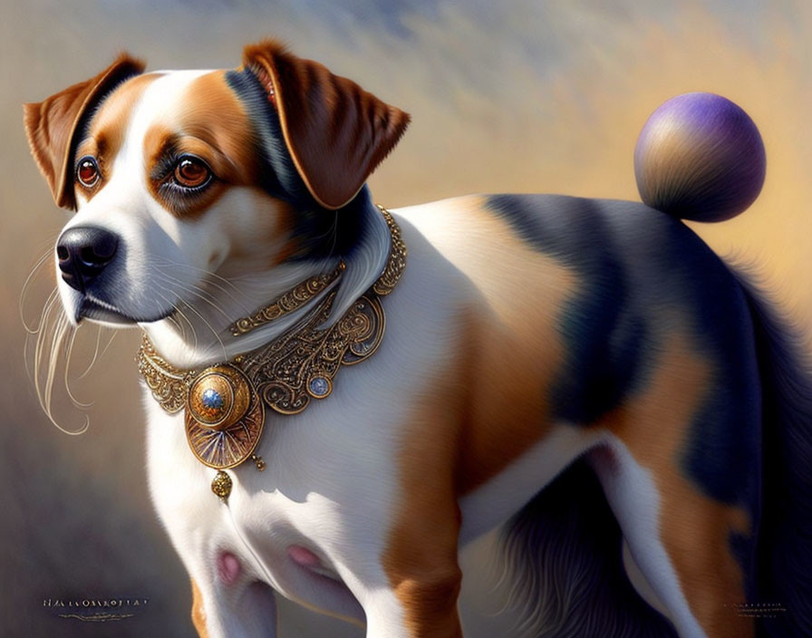 Tricolor dog with jeweled collar and reflective orb in realistic style