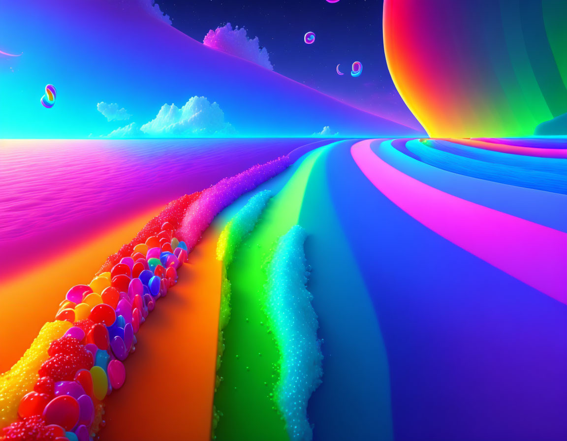 Colorful fantasy landscape with neon-lit rainbow paths and multicolored spheres