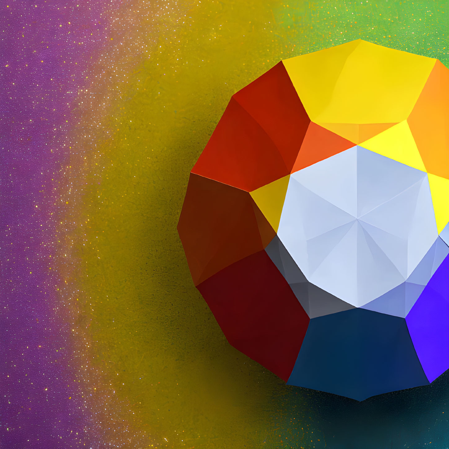 Colorful Low-Poly 3D Sphere on Yellow-Purple Gradient Background