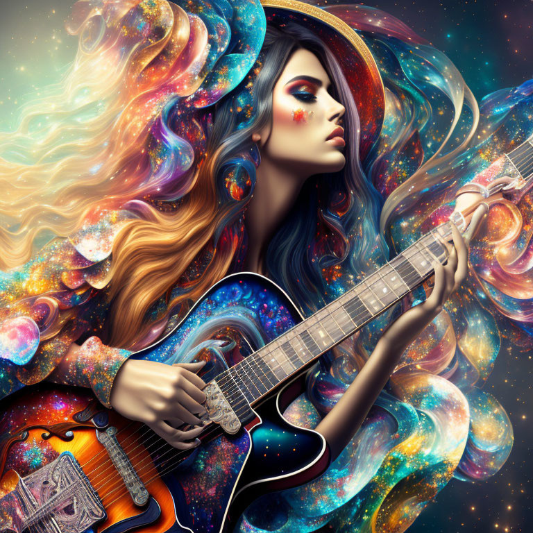 Illustration of woman playing guitar in surreal cosmic scene