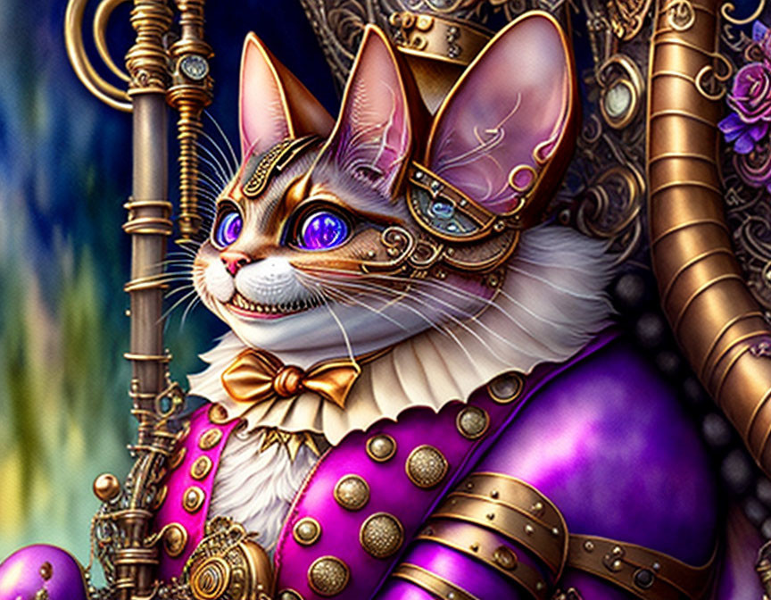 Majestic cat in fantasy armor with gold and purple details