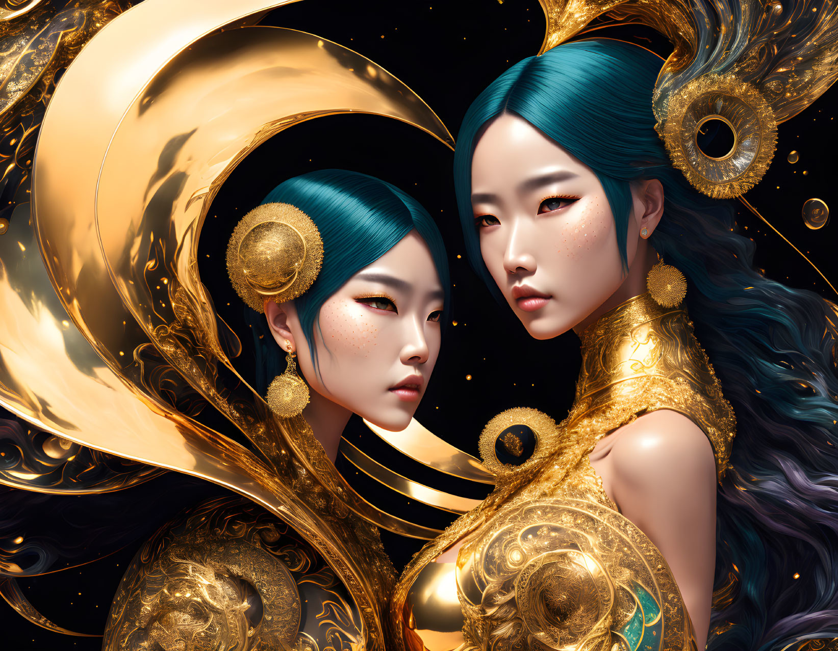 Stylized illustrated figures with ornate gold details and teal hair on cosmic background