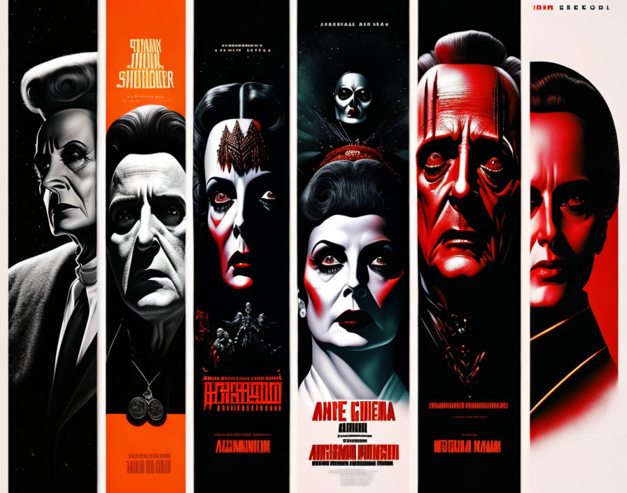 Stylized movie posters: Close-up character portraits with red & black theme