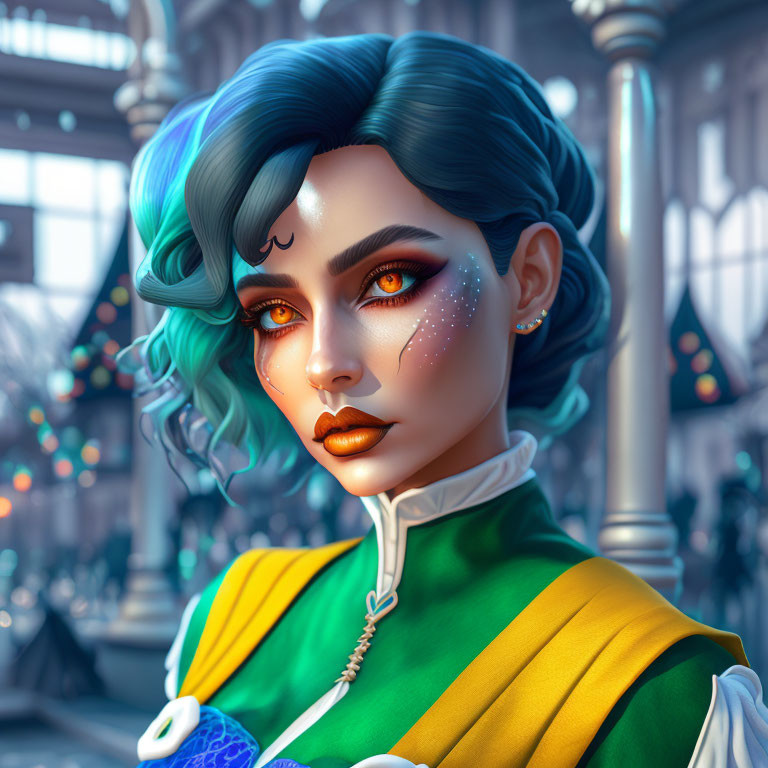 Stylized female character with teal hair and star-like makeup in green and yellow outfit