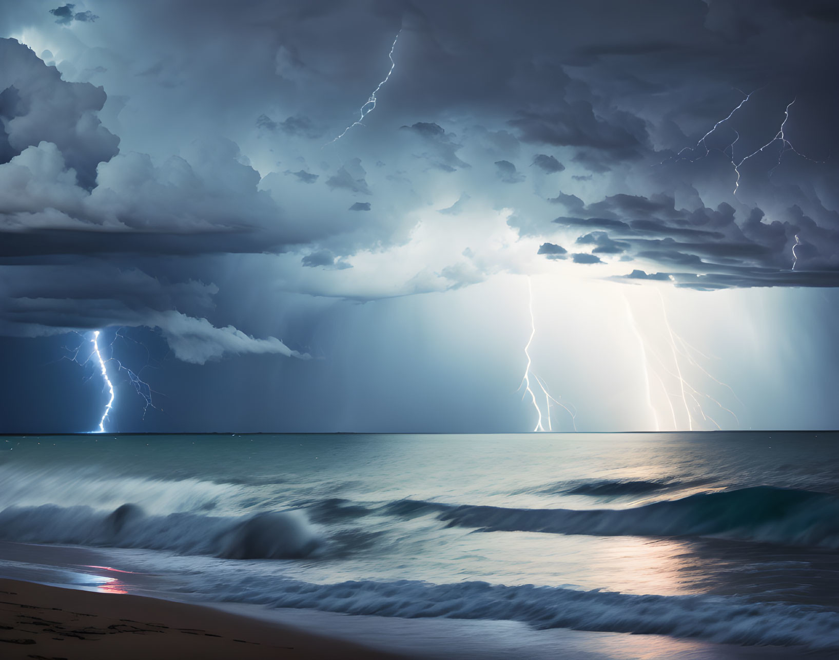 Stormy Night Seascape with Lightning Strikes and Turbulent Ocean