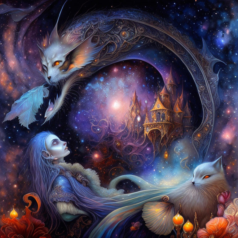 Mystical artwork of woman, castle, cats, and candles