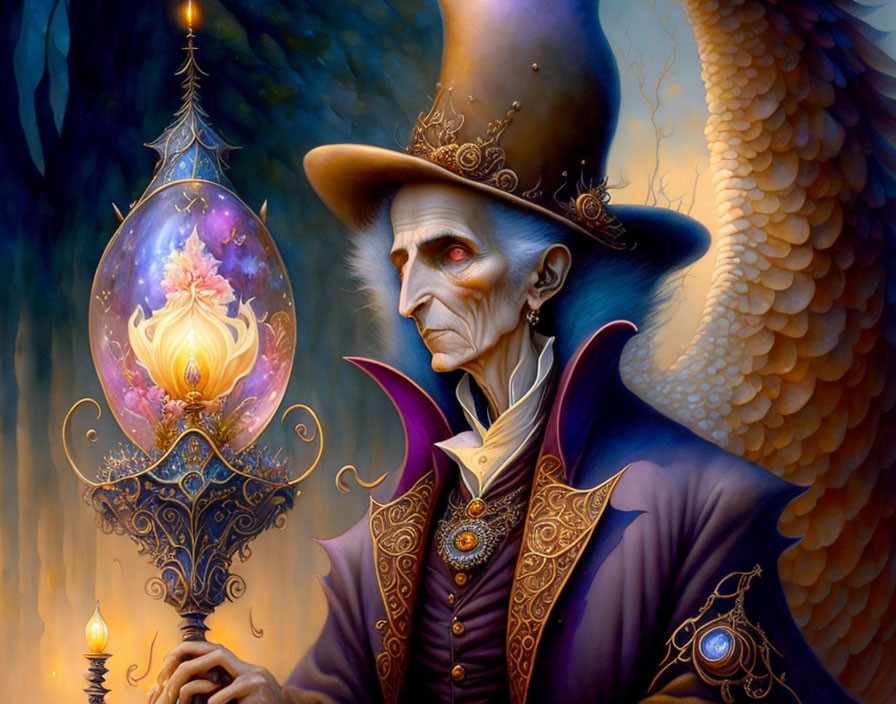 Fantasy figure with tall hat and glowing staff in candlelit setting