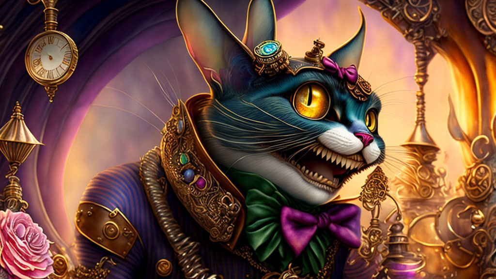 Anthropomorphic cat in fancy attire with monocle and bow tie in steampunk setting