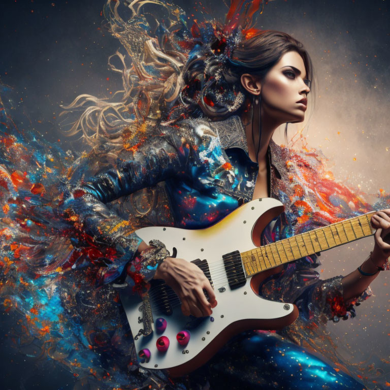 Vibrant Abstract Art: Woman Playing Electric Guitar