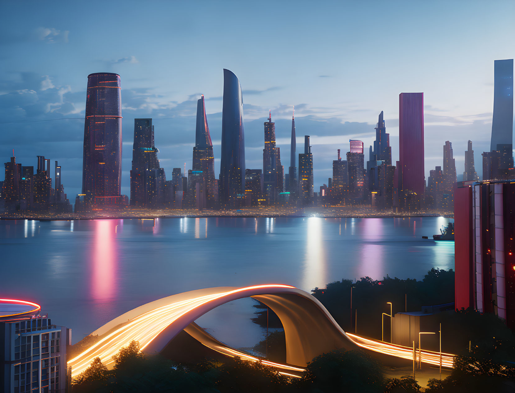 Futuristic twilight cityscape with illuminated skyscrapers and bridge reflections