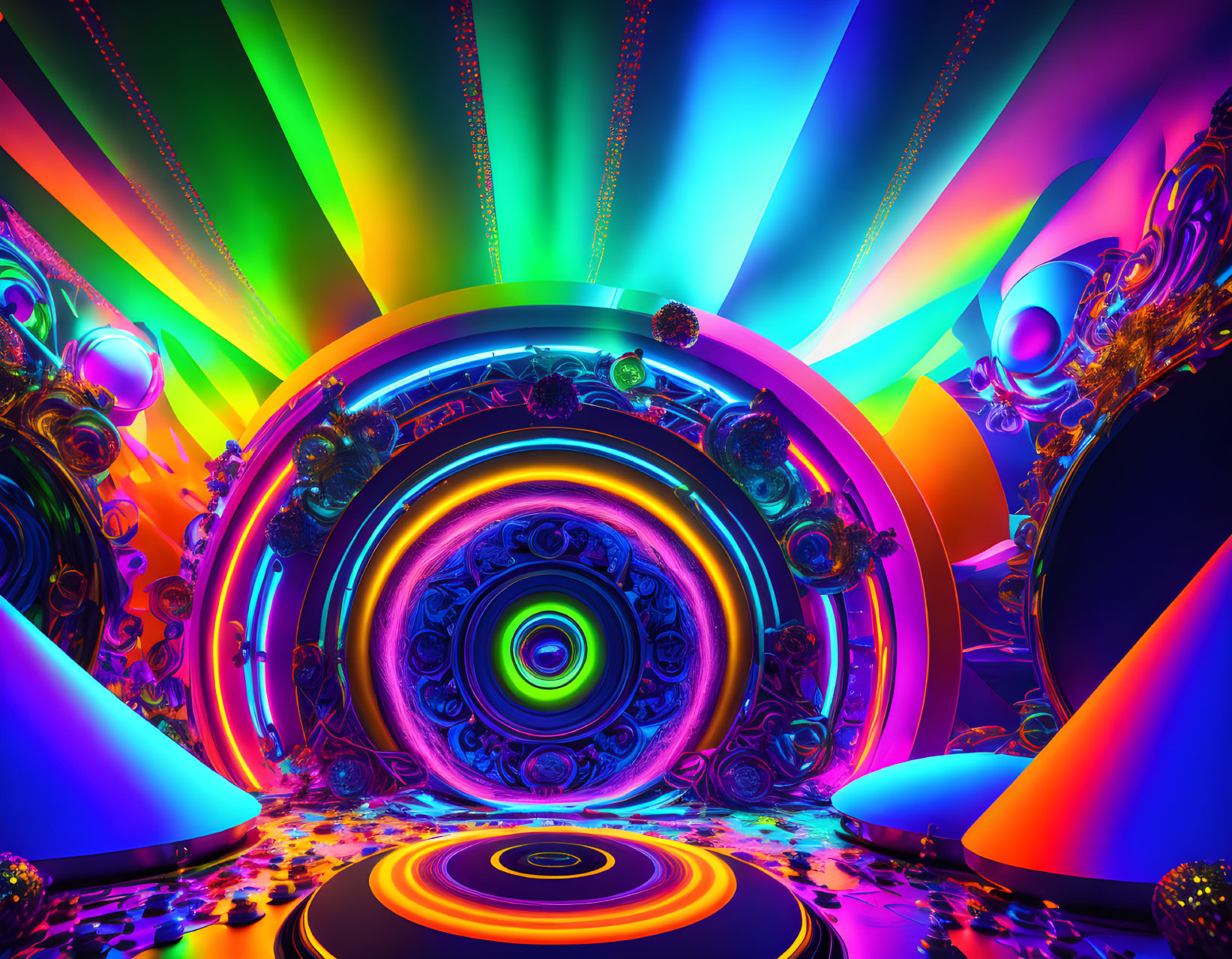 Colorful Psychedelic Digital Art: Swirling Tunnel, Rainbow Rays, Reflective Spheres