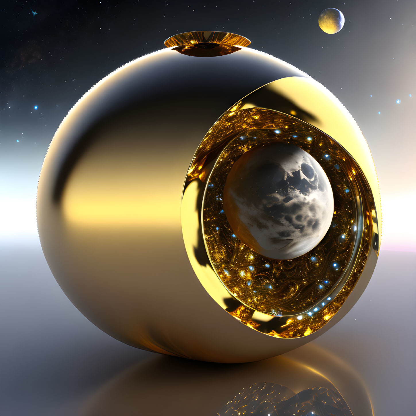 Ornate golden spherical object floating in space surrounded by stars