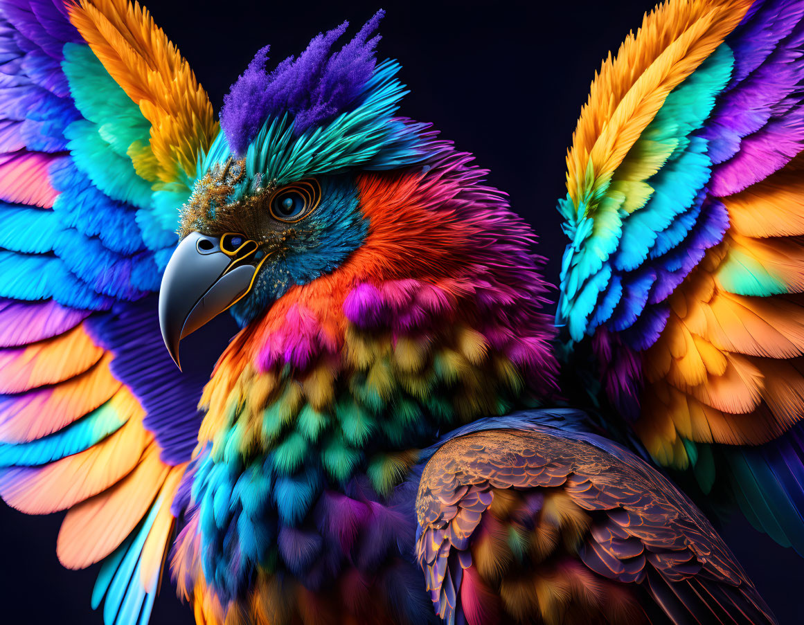 Colorful Parrot Artwork with Spread Wings on Dark Background