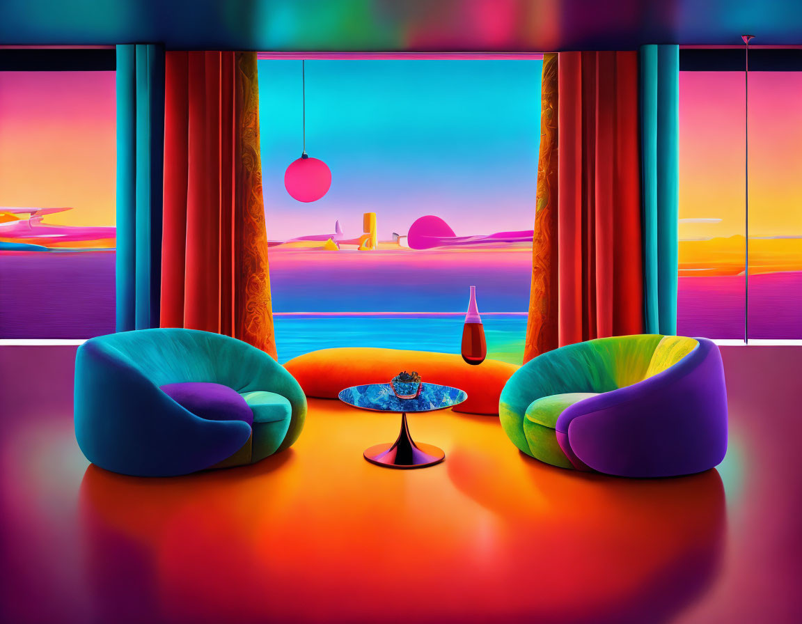 Colorful Interior with Blue and Purple Chairs, Round Blue Table, and Sunset Landscape View