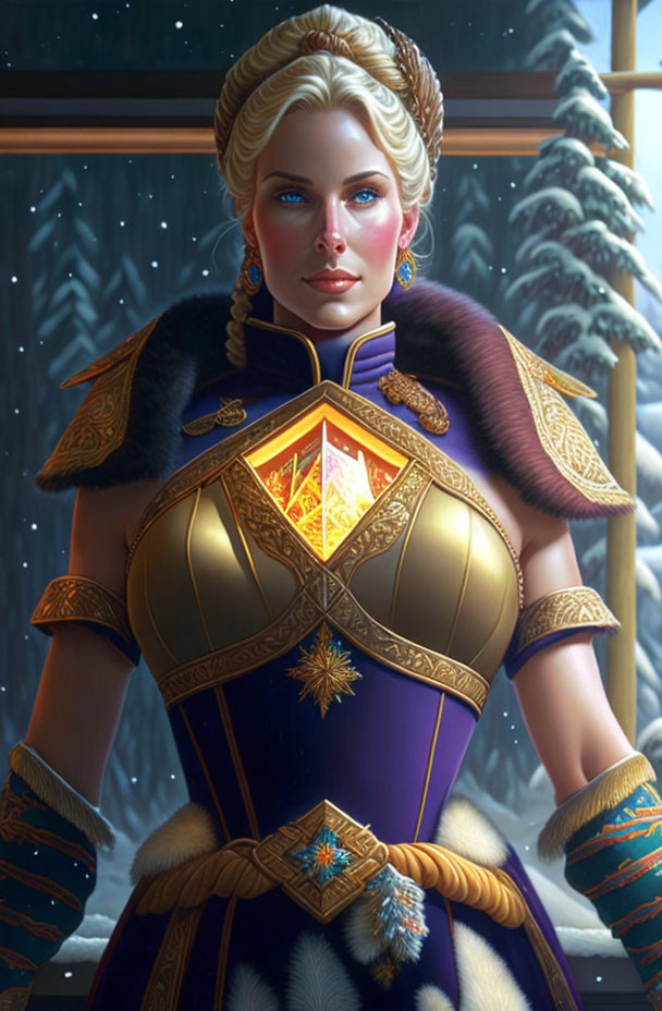 Regal woman in ornate armor against wintry forest backdrop