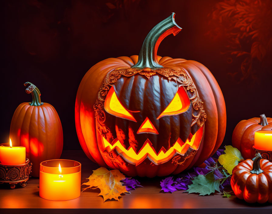 Spooky Halloween pumpkin lantern with autumn decor