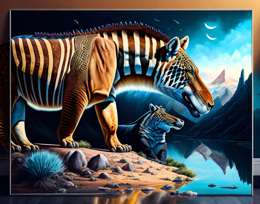 Surreal zebra-tiger hybrid near water in fantastical landscape