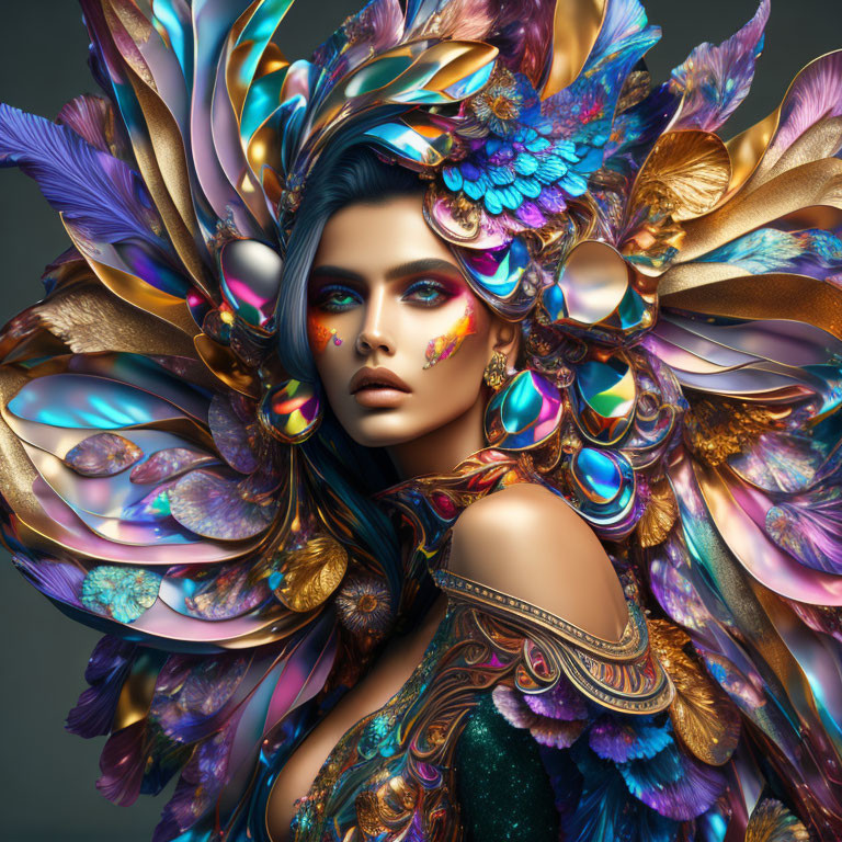 Striking Blue Hair Woman with Colorful Feathers and Jewels