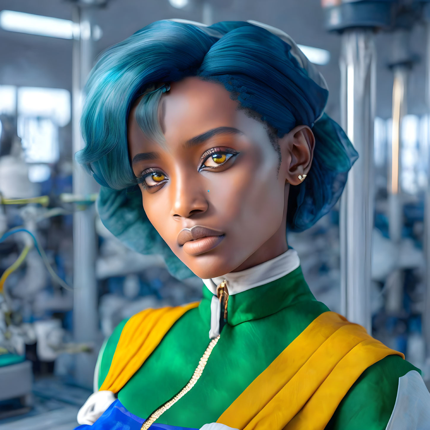 Digital illustration: Woman with blue hair and golden eyes in green and yellow jacket in industrial setting