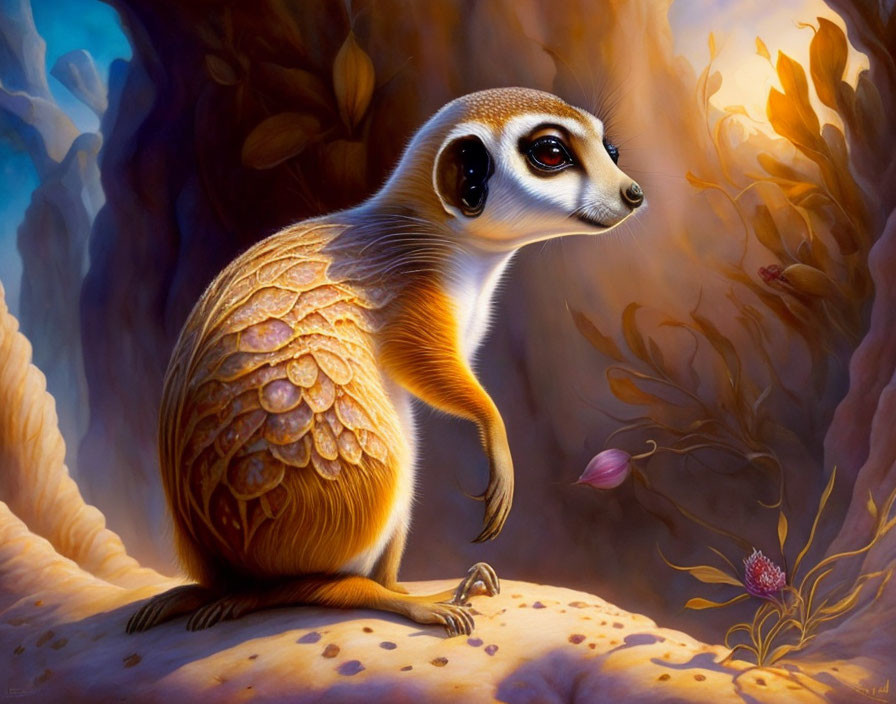 Fantastical forest scene with anthropomorphized meerkat and shell-like back