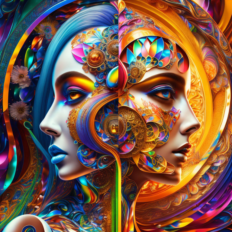 Colorful Digital Art: Two Female Faces with Floral and Geometric Patterns