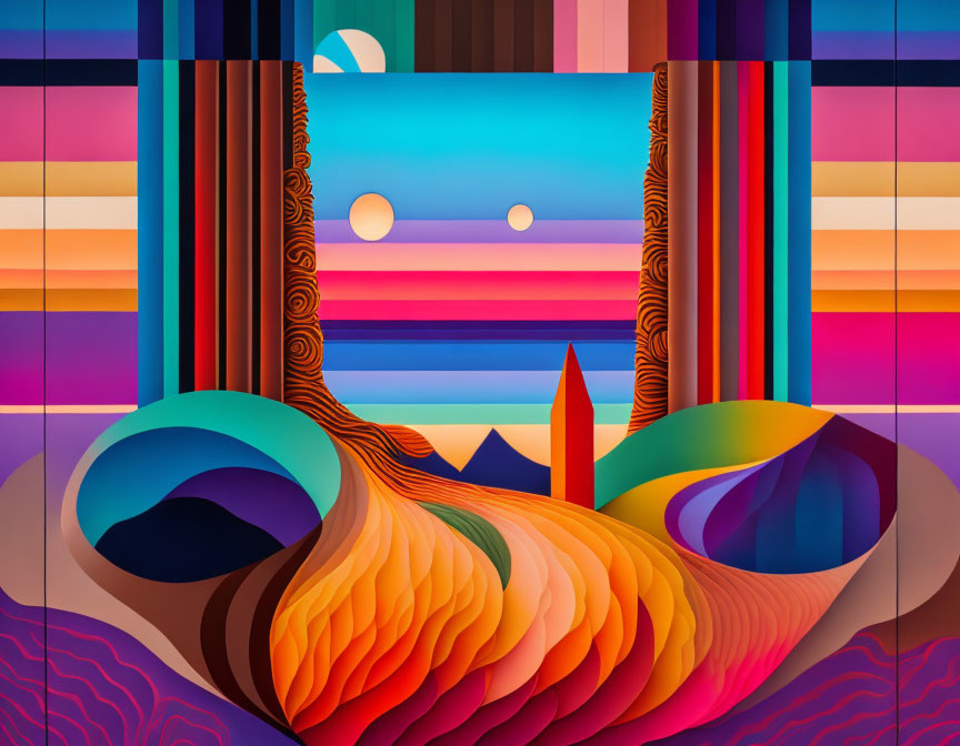 Colorful Abstract Landscape with Stylized Waves and Surreal Sunset