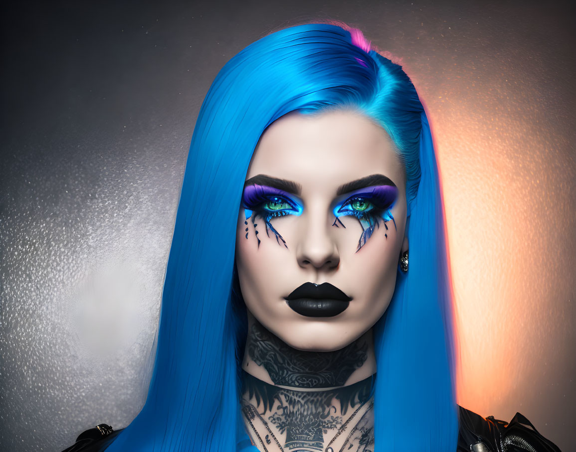 Vibrant blue hair, bold makeup, black lipstick, neck tattoos on speckled background