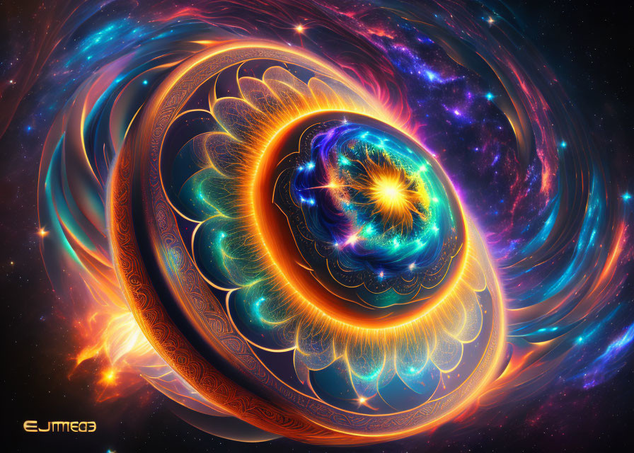 Colorful digital artwork: Cosmic entity with fractals, fiery rings, starry space.