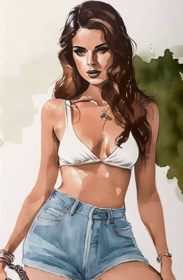 Woman with Brown Hair in White Top & High-Waisted Shorts in Watercolor Style