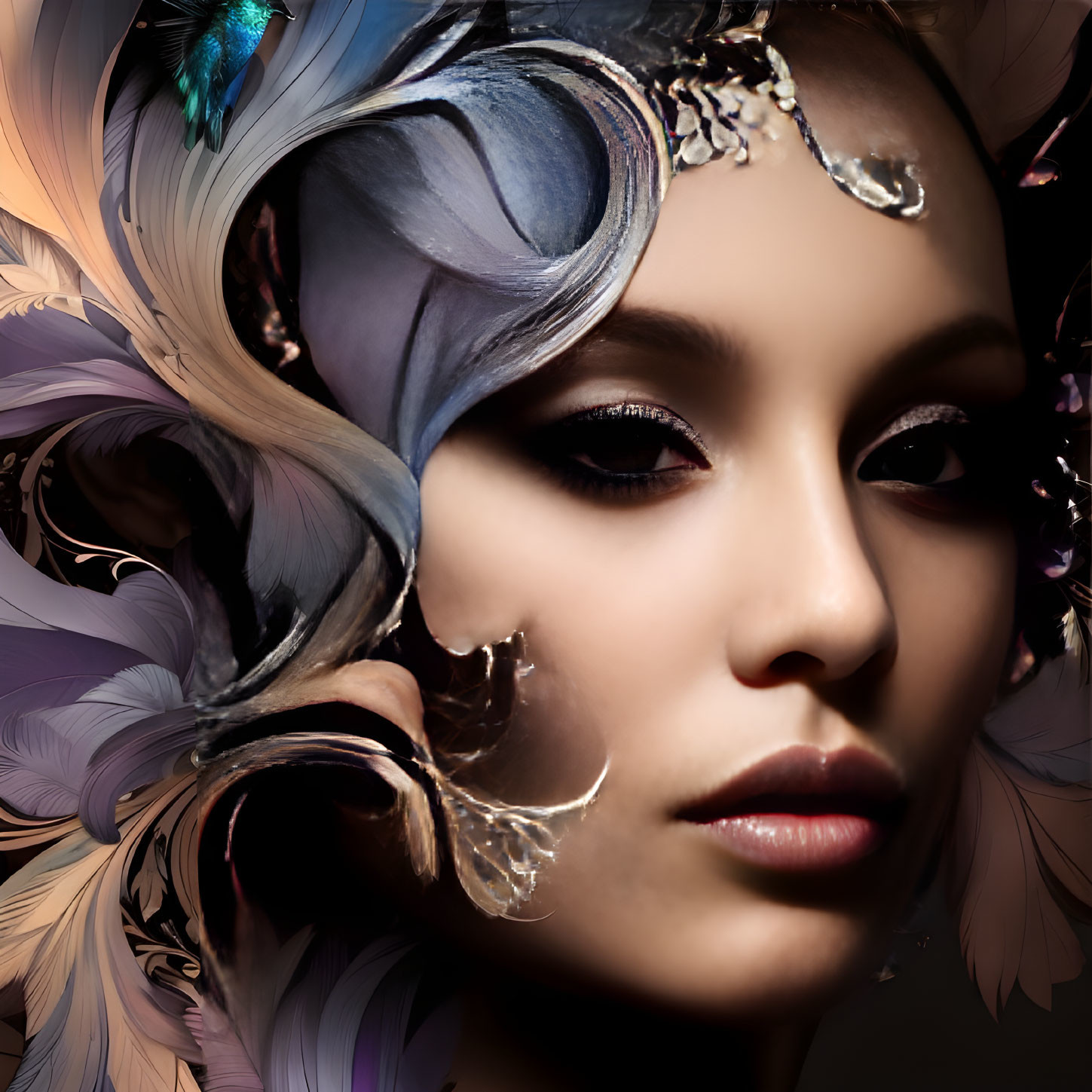 Fantasy makeup and ornate feather and floral headpiece on elegant woman