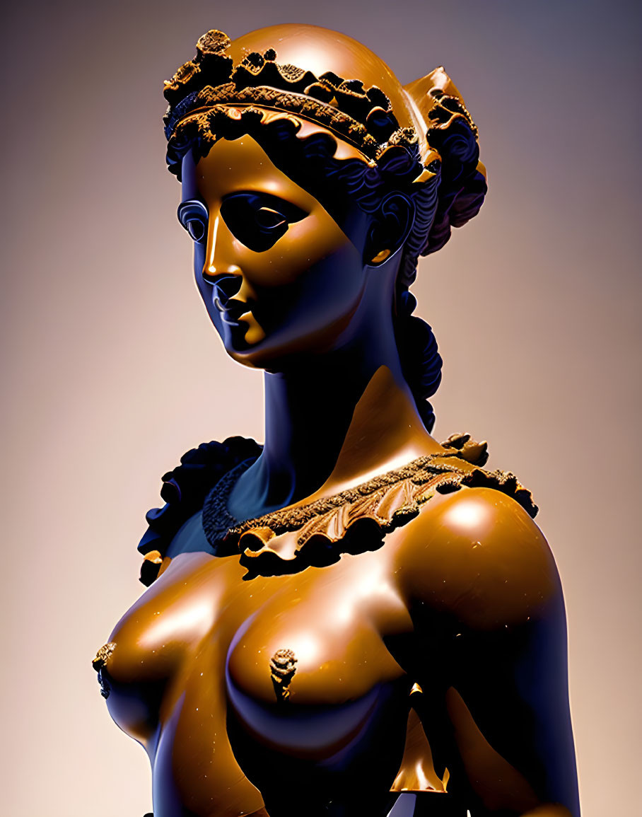 Classical bronze sculpture of a female figure with intricate hair and adornments on gradient background.