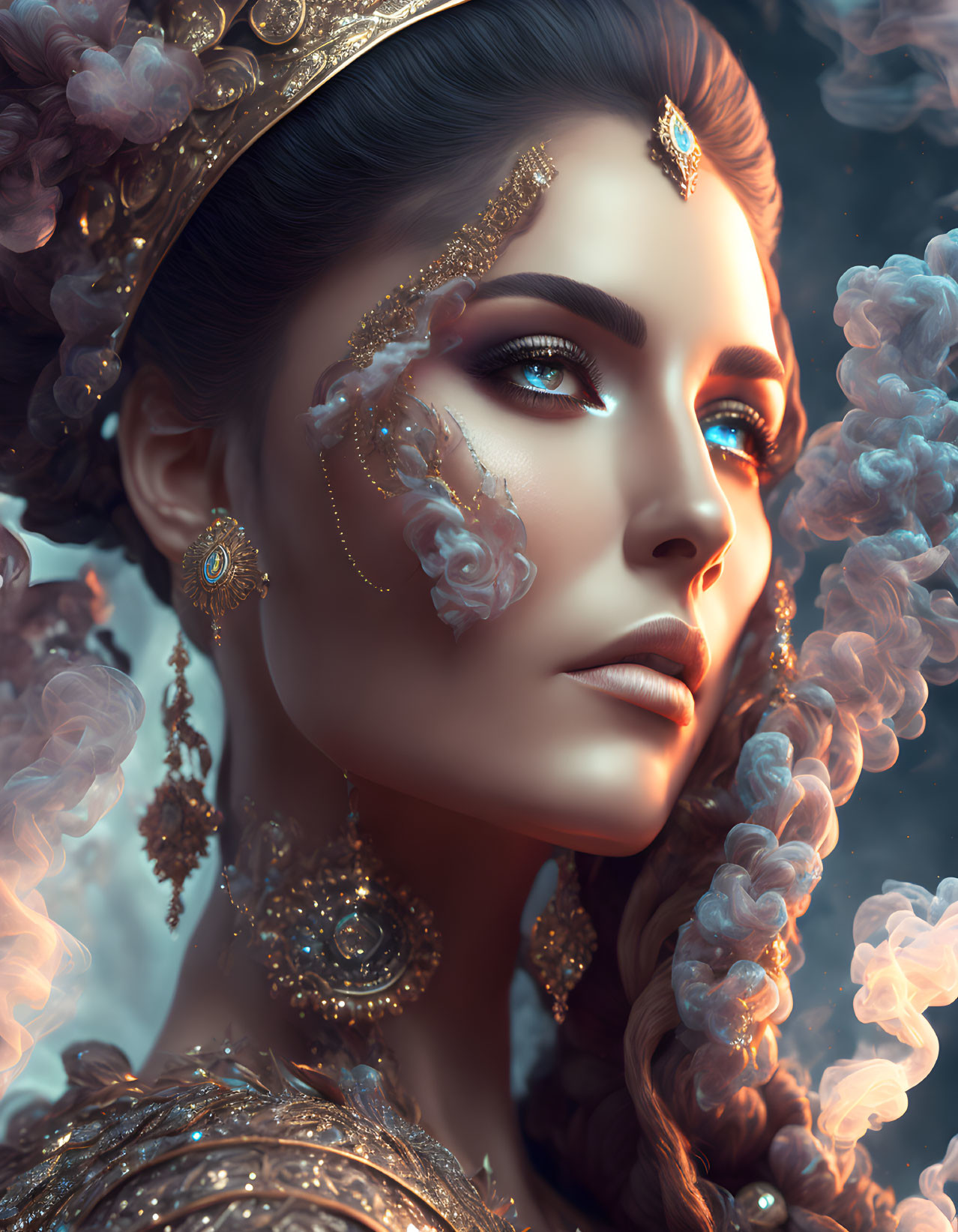 Ethereal portrait of a woman with golden jewelry and swirling smoke