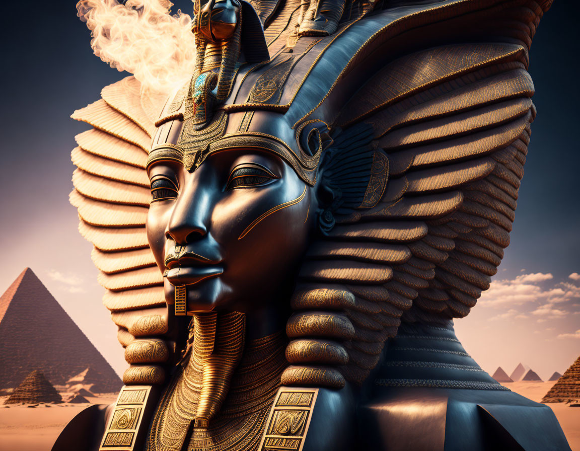 Detailed Close-Up of Pharaoh Statue with Pyramids in Desert Background