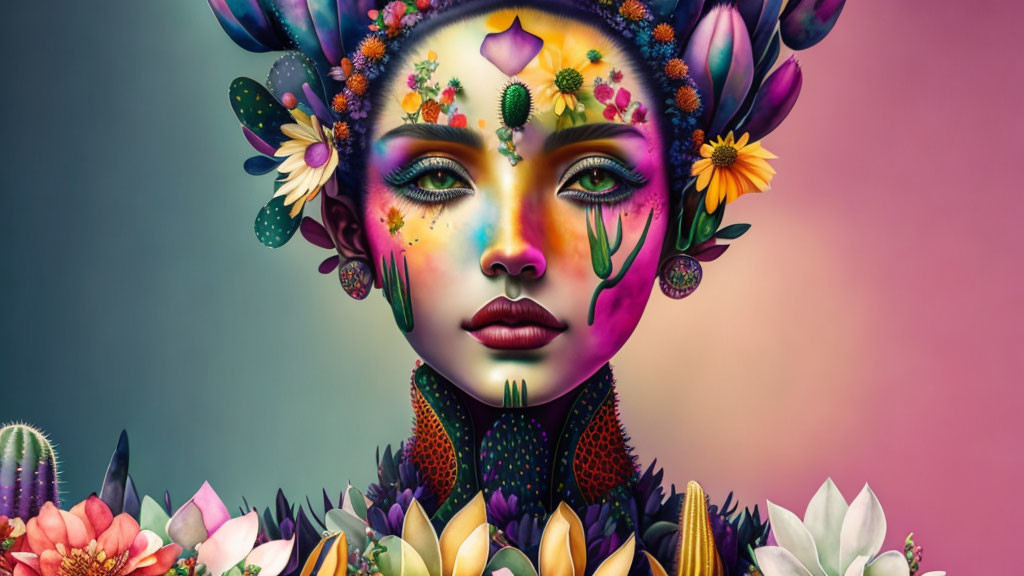 Colorful digital artwork featuring a woman with floral motifs and cacti.