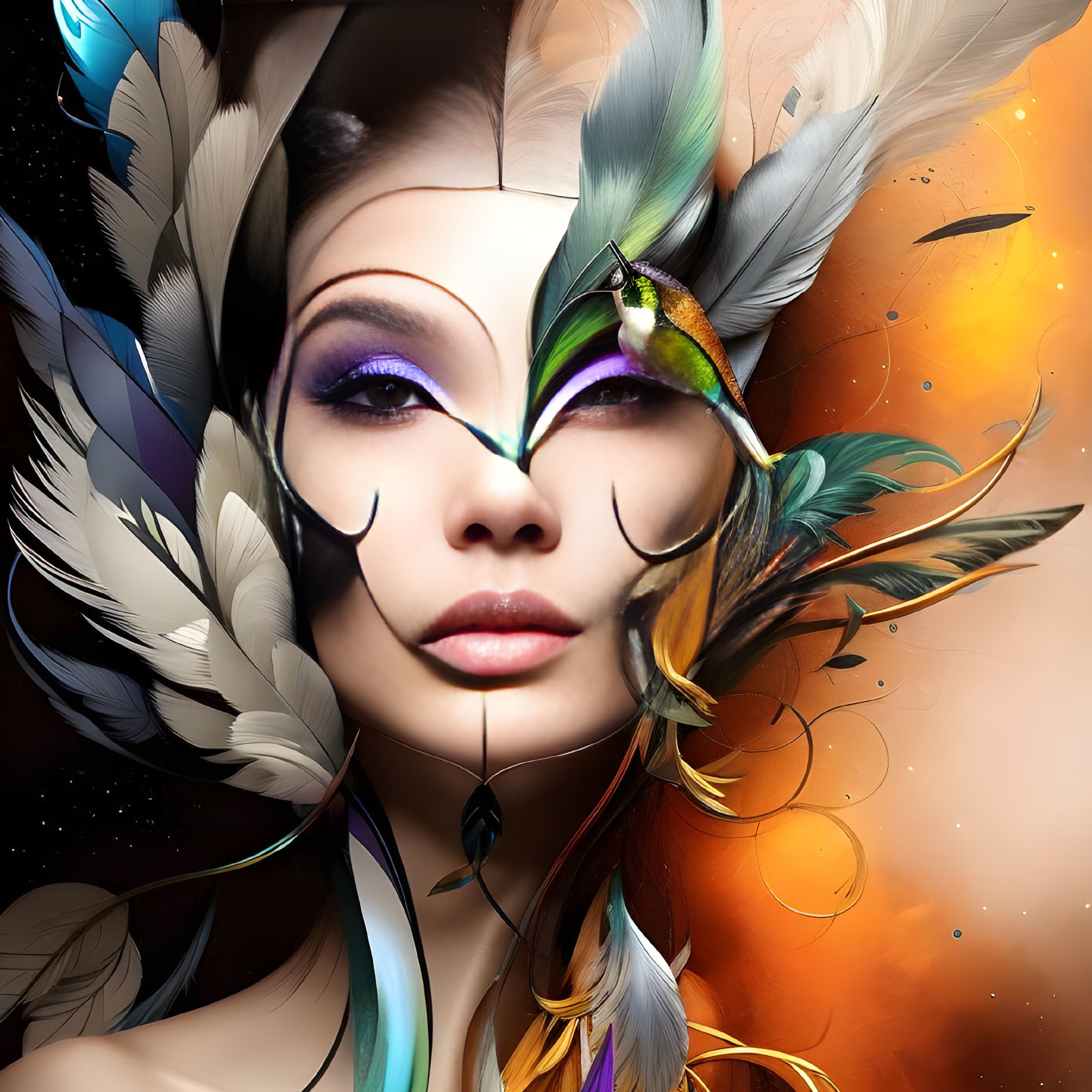 Digital artwork: Woman with stylized makeup and feathers on abstract warm background