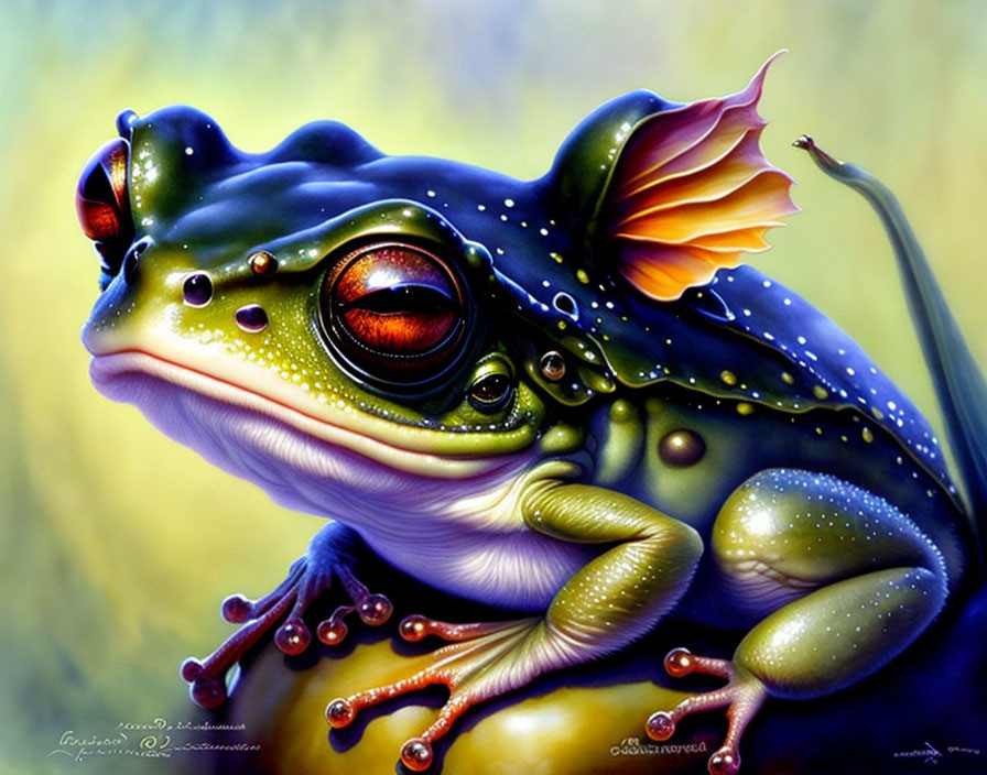 Detailed hyper-realistic frog illustration with vibrant colors and intricate patterns on a warm-toned background.